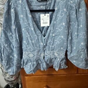 Zara Denim Blue Floral Blouse